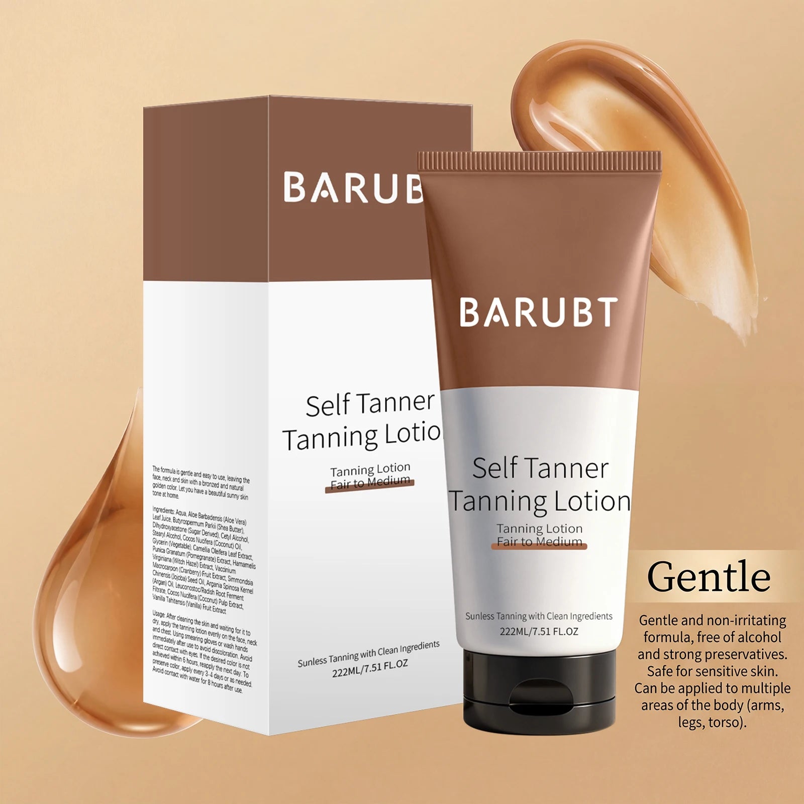BARUBT Self Tanner Tanning Lotion for Fair to Medium Skin – Sunless Tanner with Clean Ingredients – Natural Glow – 222ml/7.51fl.oz