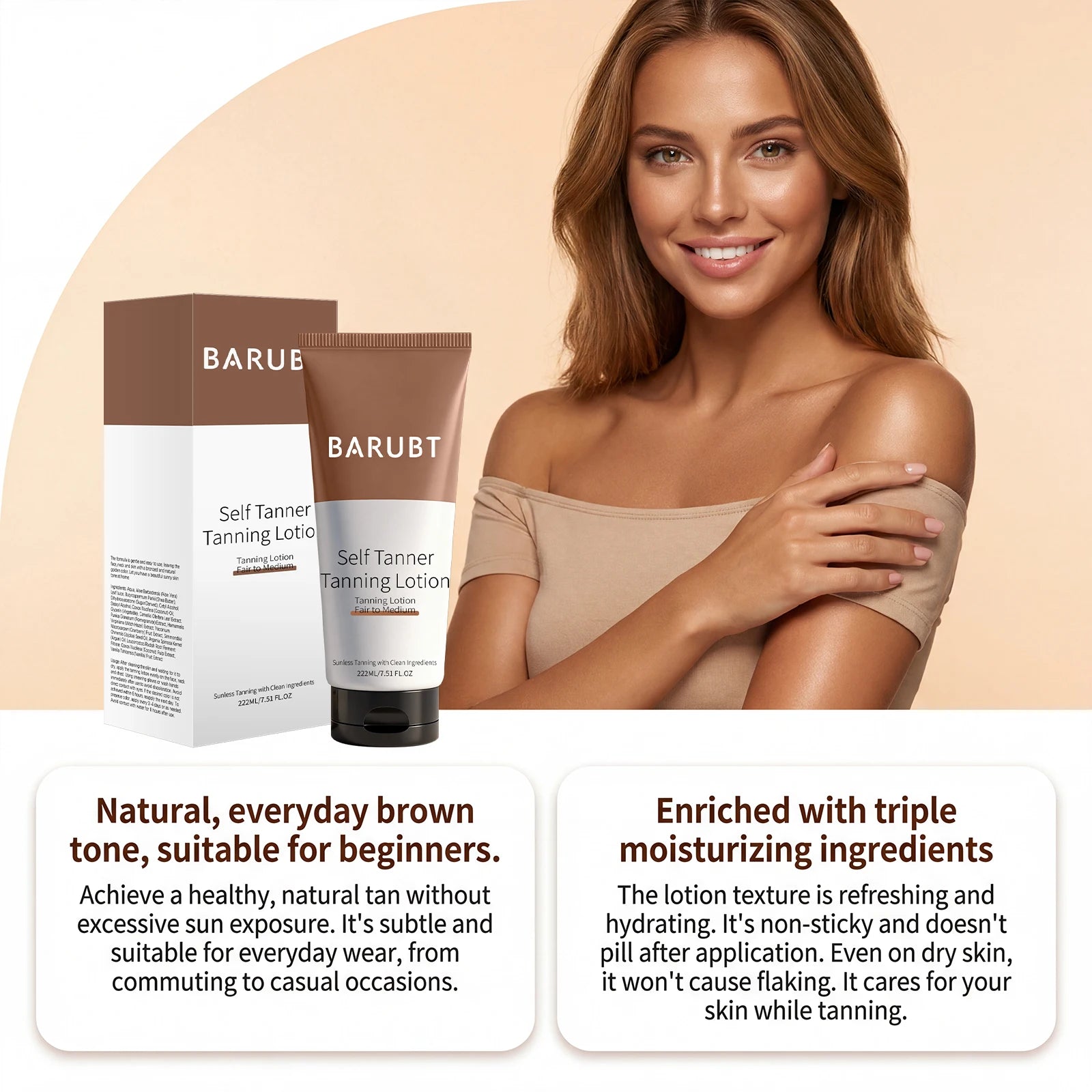 BARUBT Self Tanner Tanning Lotion for Fair to Medium Skin – Sunless Tanner with Clean Ingredients – Natural Glow – 222ml/7.51fl.oz